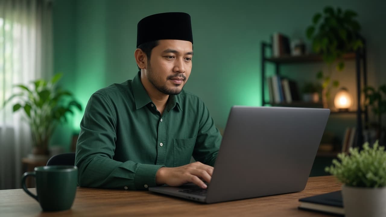 Pria bekerja dengan laptop