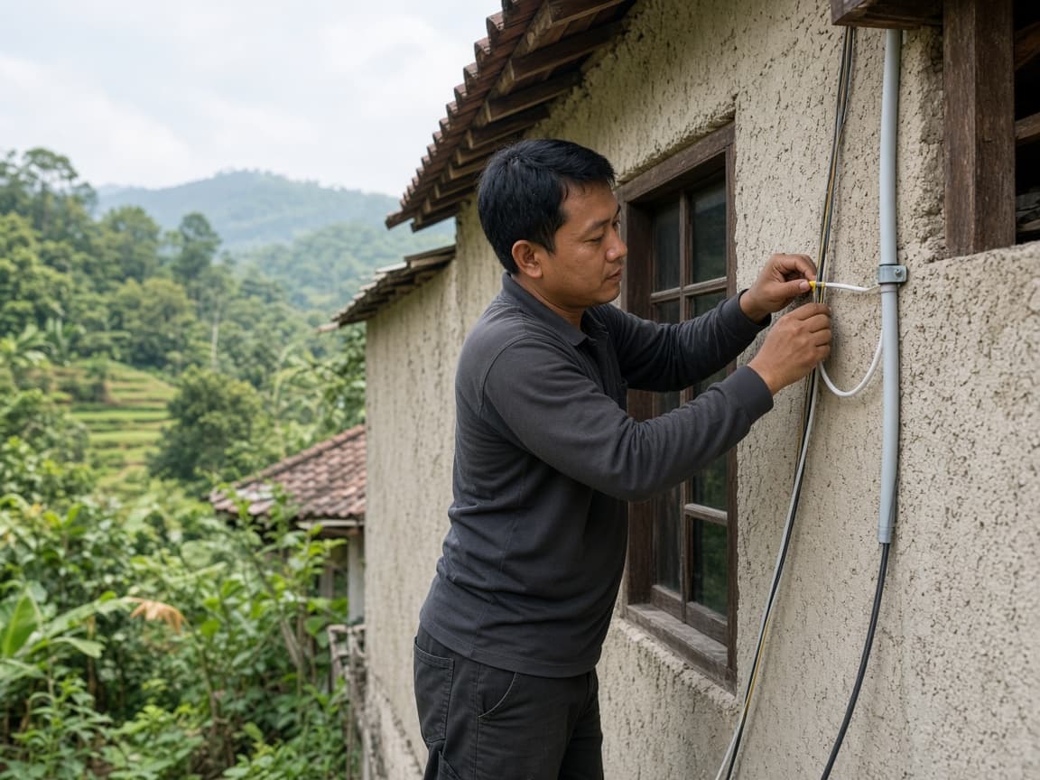 Teknisi memasang jaringan fiber di rumah pelanggan