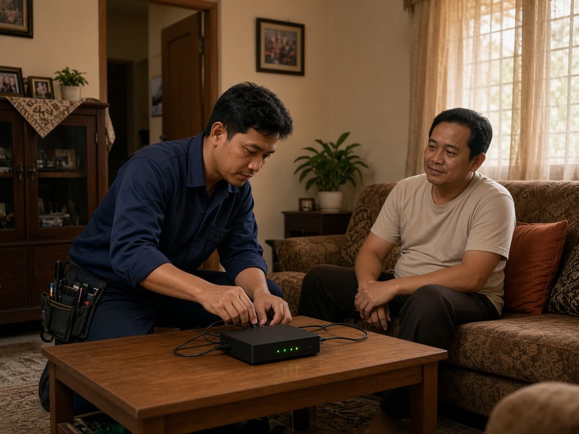 Teknisi menyetting router WiFi di dalam rumah