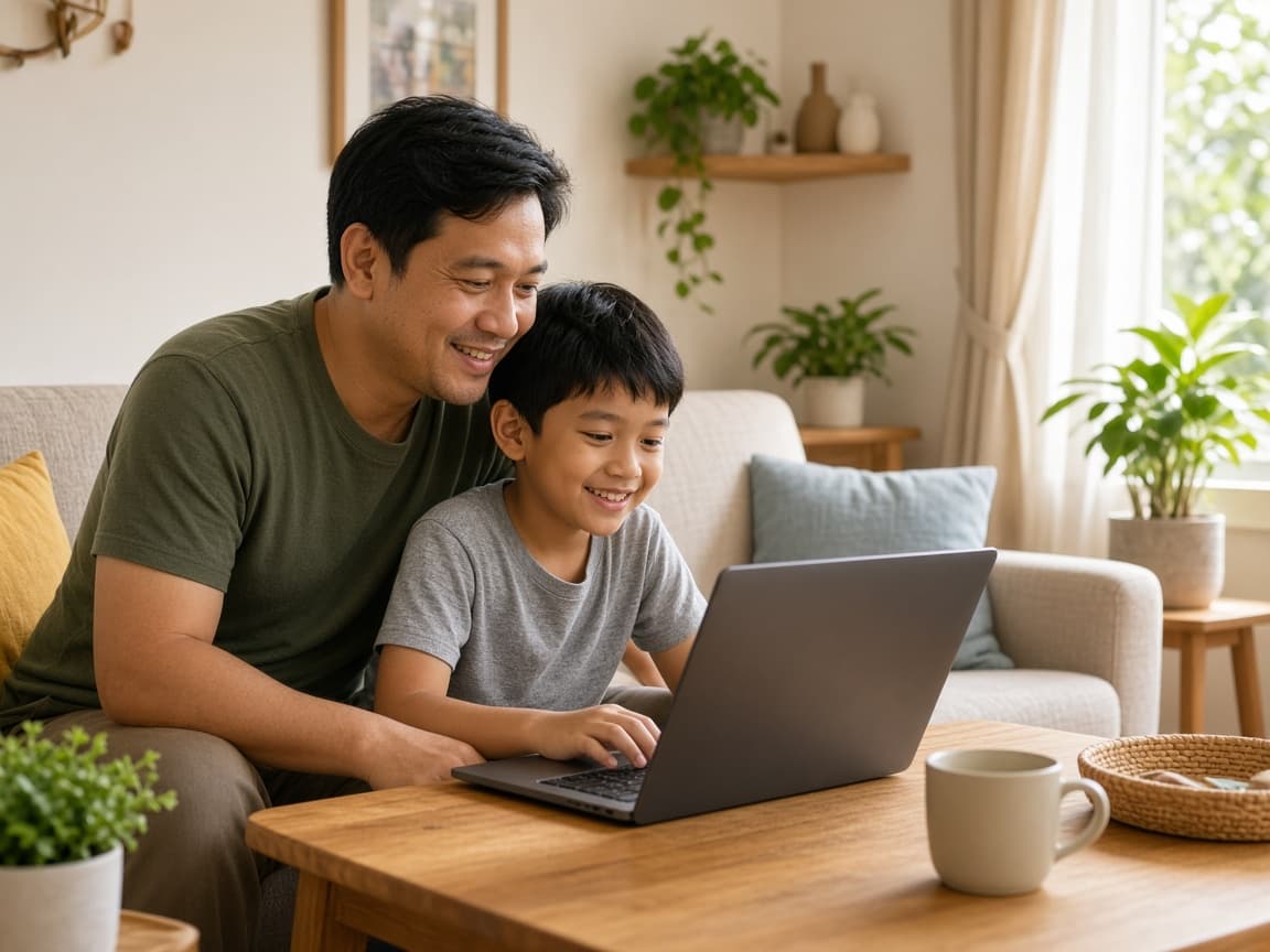 Keluarga mencoba internet setelah instalasi